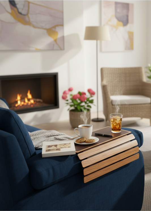 Elegant Oak-Tone Flexible Sofa Armrest Tray