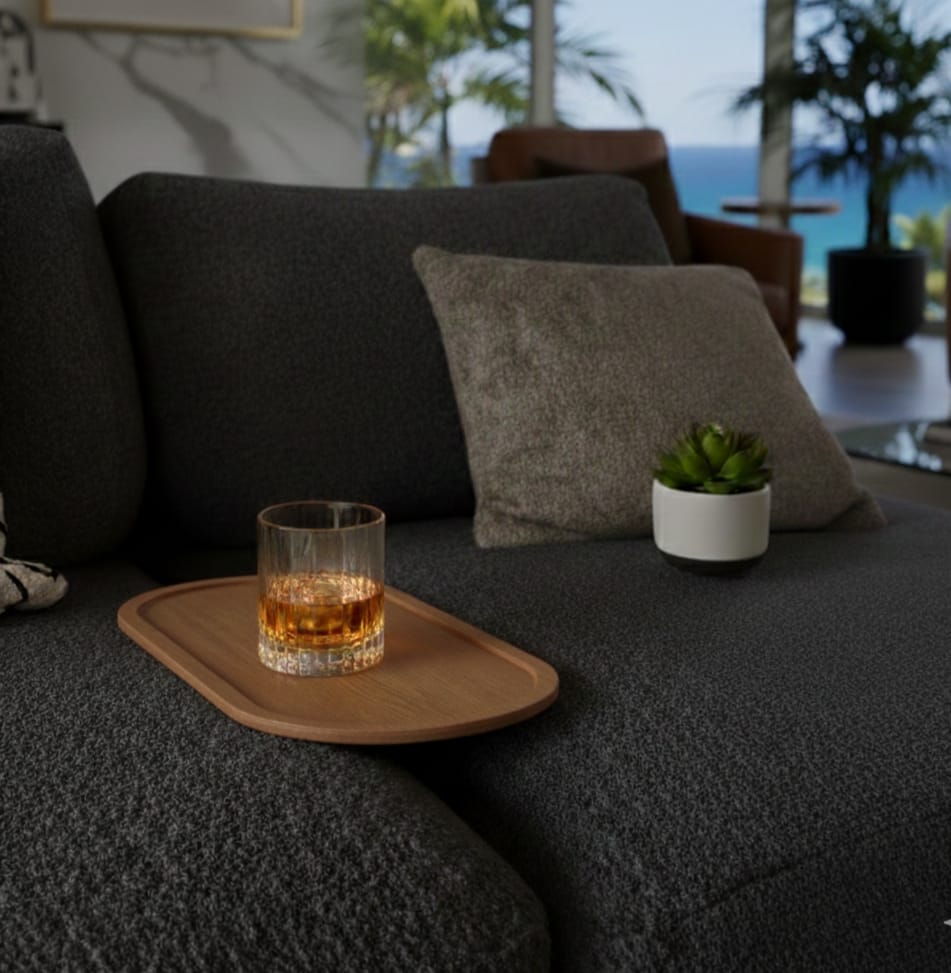 Contemporary Oak-Tone Oval Sofa Tray