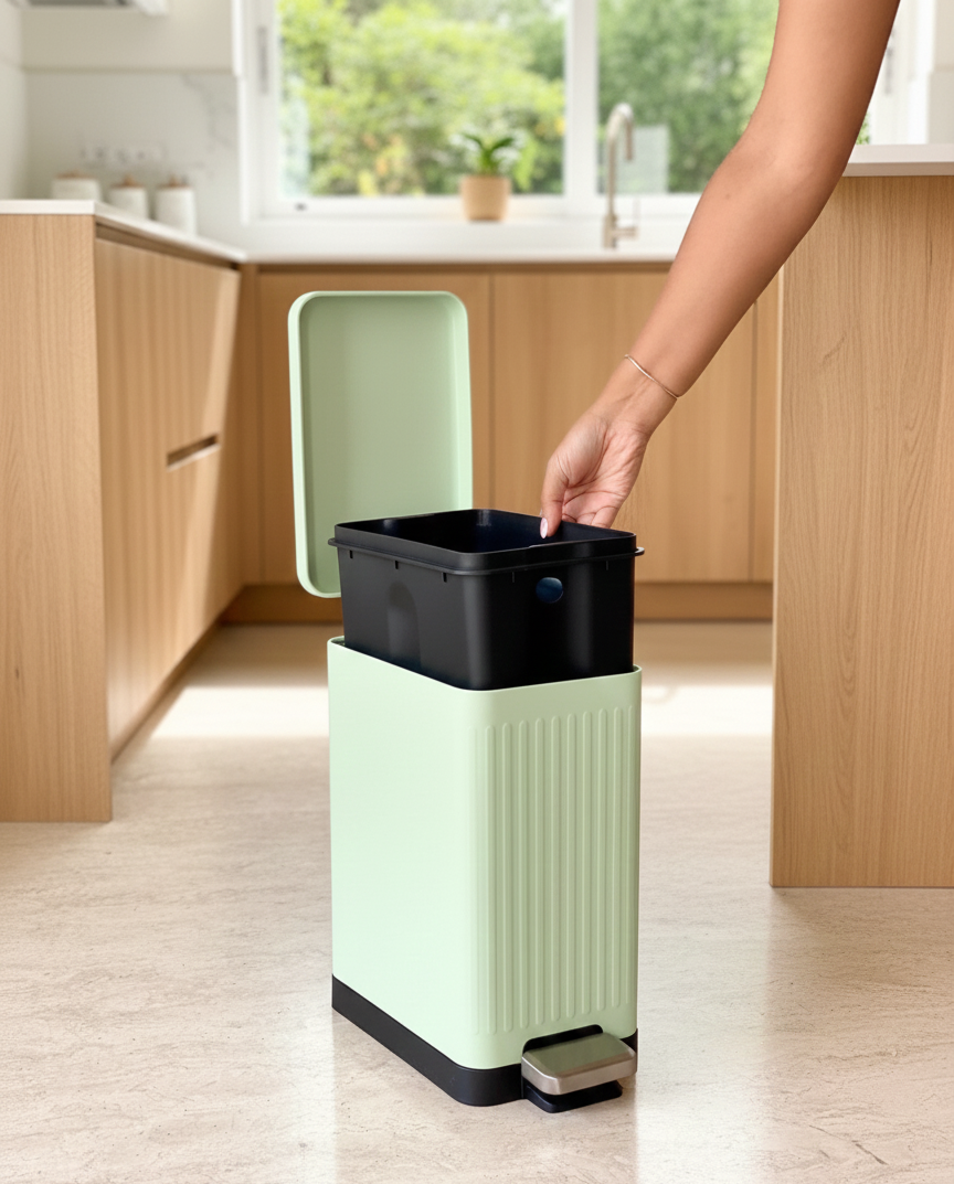 Modern Mint Green Rectangular Step Dustbin With Soft Close Lid