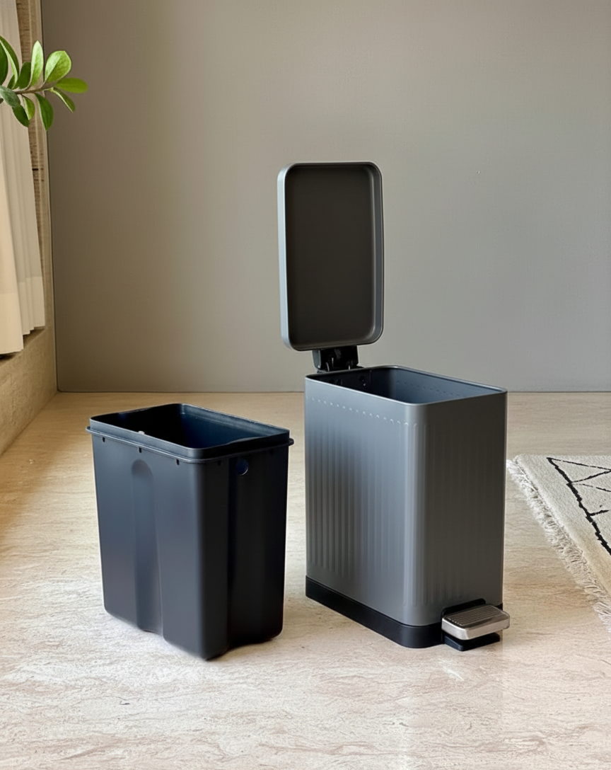 Modern  Grey Rectangular Step Dustbin With Soft Close Lid