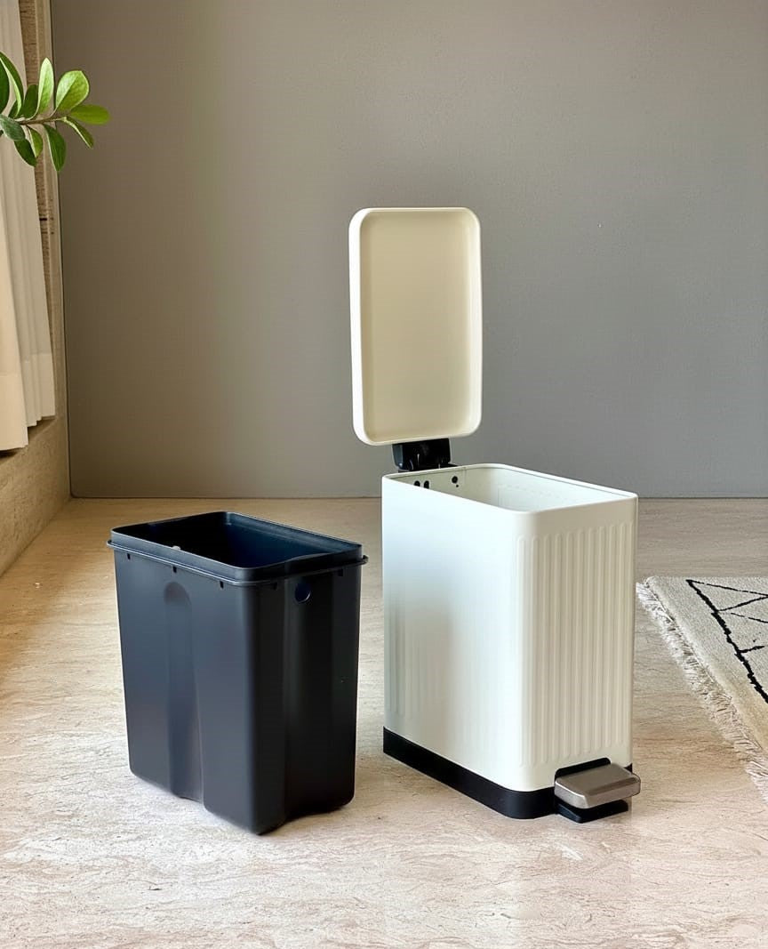 Modern Off-White Rectangular Step Dustbin With Soft Close Lid
